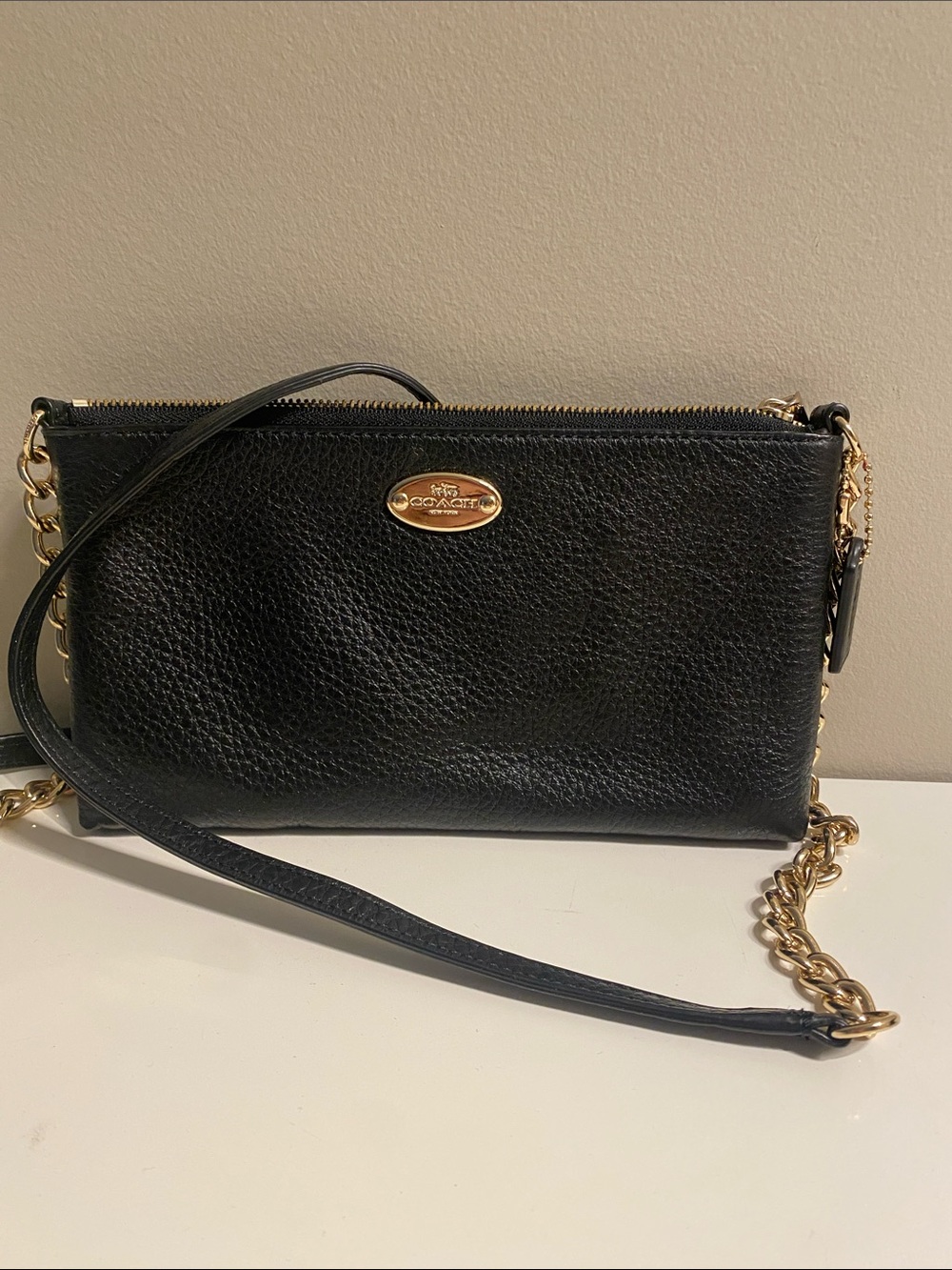 Vintage Coach Black Leather Crossbody Wallet with Gold Chain